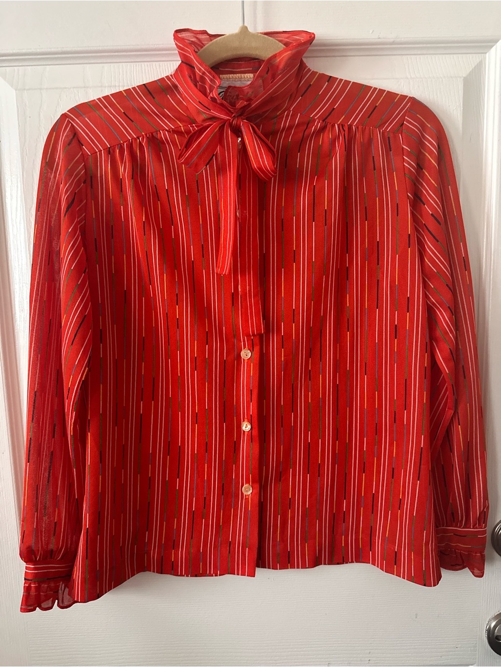Teddi Red Striped Tie-Neck Button Down Blouse